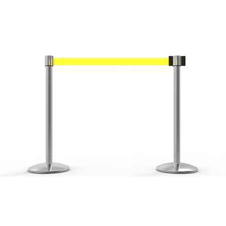 Banner Stakes Retractable Belt Barrier, Yellow, 7 ft Length, Polished Chrome AL6204C